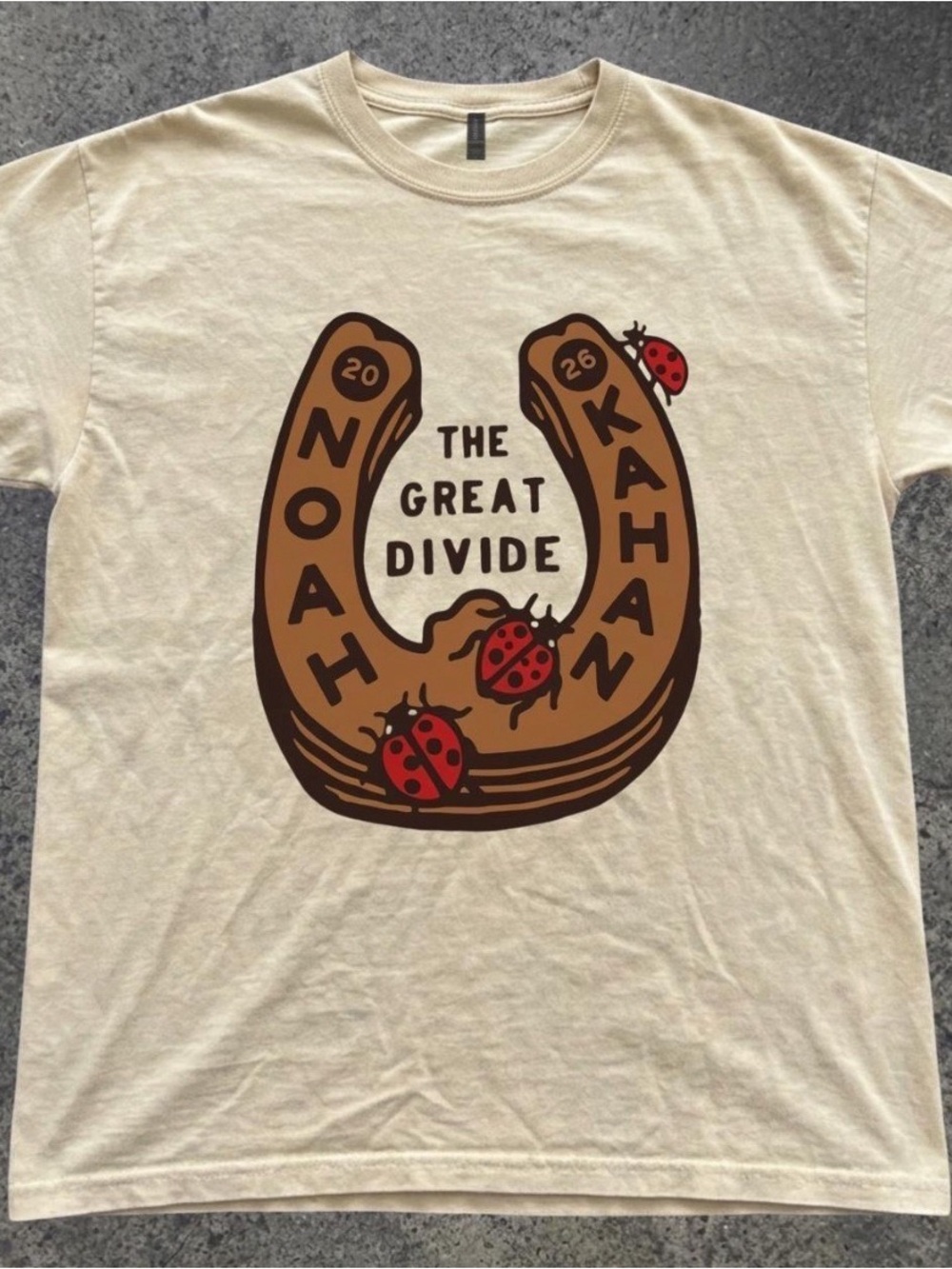 Gildan Cream Graphic Tee with Brown Horseshoe and Red Ladybugs